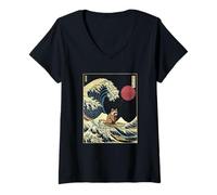 Womens Raccoon Japanese Kanagawa Wave Funny Surf Animal V-Neck T-Shirt