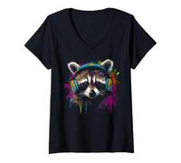 Womens Raccoon Music Headphones Colourful Animal Motif Art Raccoon V-Neck T-Shirt