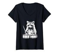 Womens Raccoon Playing Drums Music Animal Lover V-Neck T-Shirt