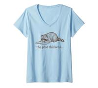 Women's Raccoon Reading Book The Plot Thickens Literary V-Neck T-Shirt