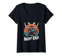 Womens Raccoon Samurai Night Raid Vector Art V-Neck T-Shirt