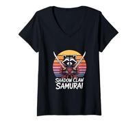 Womens Raccoon Samurai Shadow Claw Katanas Retro V-Neck T-Shirt