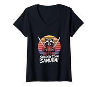 Womens Raccoon Samurai Shadow Claw Katanas Retro V-Neck T-Shirt