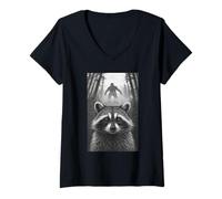 Womens Raccoon Selfie with Bigfoot Sasquatch Funny V-Neck T-Shirt