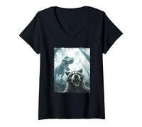 Womens Raccoon Selfie with Dinosaur, Funny Scared Raccoon Photo V-Neck T-Shirt