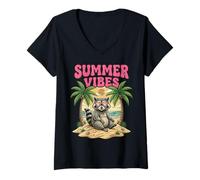 Women's Raccoon Summer Vibes Beach Retro Cool Wildlife Vacation V-Neck T-Shirt
