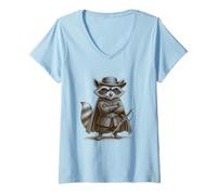Womens Raccoon Swashbuckler Masked Hero Rapier Animal Duelist V-Neck T-Shirt