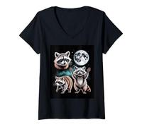 Womens Raccoon Trio Under Full Moon Night Sky Forest Magic V-Neck T-Shirt