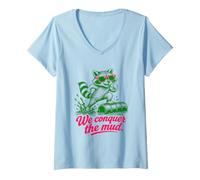 Women's Raccoon We Conquer The Mud Funny Mud Run V-Neck T-Shirt
