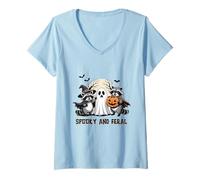 Womens Raccoons Spooky and Feral Witch Ghost Pumpkin Halloween V-Neck T-Shirt