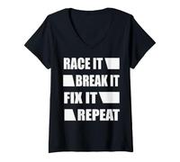Women's Race It Break It Fix It Repeat Motivational Quote Graphic V-Neck T-Shirt