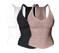 Women's Racerback Vest Top with Built in Bra V Neck Ribbed All-in-one Camisole Soft Stretch Gym Workout Yoga Longline Tank Tops Breathable Basic Strappy Vests for Loungewear City Walk 3 Pack