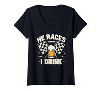 Womens Racing Race He Races Therefore I Drink Funny Racing Humor V-Neck T-Shirt
