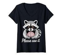 Womens Racoon with Human Brain Saying Please use it V-Neck T-Shirt