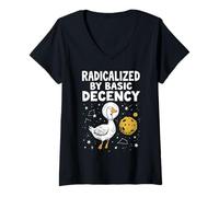 Women's Radicalized By Basic Decency Funny Duck V-Neck T-Shirt