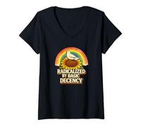 Women's Radicalized by Basic Decency Rainbow Bird Flowers Feminist V-Neck T-Shirt