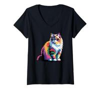 Womens Ragdoll Cat Rainbow Vibrant Feline Spectrum Colorful Kitty V-Neck T-Shirt