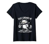 Women's Rage Consumes Me Angry Cat Coffee Lover Feline V-Neck T-Shirt