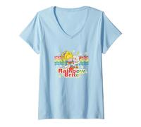 Womens Rainbow Brite & Sprite Vintage Star Stripes Distressed Logo V-Neck T-Shirt