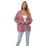 Women's Rainbow Cardigan Coloured Striped Button Closure Colour Block Design Warm Cardigan Winter, Hot Pink, M