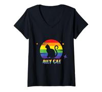 Womens Rainbow Cat Lover LGBTQ Ally Cat Pride Lesbian Gay LGBT Cat V-Neck T-Shirt