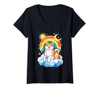 Womens Rainbow Clouds Japanese Akita Inu V-Neck T-Shirt