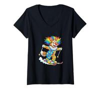 Womens Rainbow Clown Dog Skiing Puppy Winter Carnival V-Neck T-Shirt