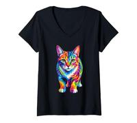 Women's Rainbow Color Cat Art V-Neck T-Shirt