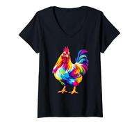 Women's Rainbow Color Chicken Art V-Neck T-Shirt