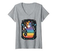 Womens Rainbow Cosmic Cat with Moons and Crystals V-Neck T-Shirt