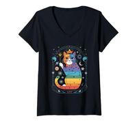 Womens Rainbow Cosmic Cat with Moons and Crystals V-Neck T-Shirt