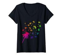 Womens Rainbow Cute Dandelion Spring Wildflower Minimalist Line Art V-Neck T-Shirt