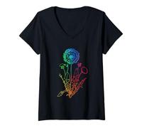 Womens Rainbow Cute Dandelion Spring Wildflower Minimalist Line Art V-Neck T-Shirt