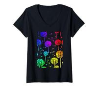 Womens Rainbow Cute Dandelion Spring Wildflower Minimalist Line Art V-Neck T-Shirt