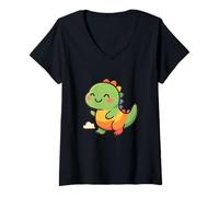 Womens Rainbow Dino Adventure. Cute Kawaii Dinosaur V-Neck T-Shirt