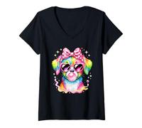 Women's Rainbow Dog Blowing Bubble Gum with Glasses Coquette Bow V-Neck T-Shirt