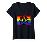 Womens Rainbow Flag Pentagram Goth LGBTQ Gay Pride Pentacle V-Neck T-Shirt