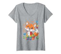 Womens Rainbow Fox Playful Cubes Fun Time V-Neck T-Shirt