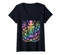 Women's Rainbow Frog Skeleton Floral Cottagecore Pastel Design V-Neck T-Shirt