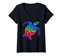 Women's Rainbow Hibiscus Sea Turtle Intricate Art V-Neck T-Shirt