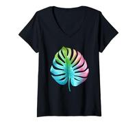 Women's Rainbow Monstera Tropical Leaf Art Design V-Neck T-Shirt