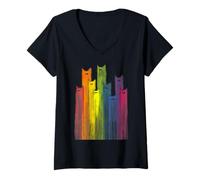 Women's Rainbow of Cats Whimsical Animals Watercolor V-Neck T-Shirt