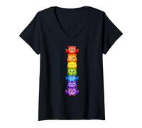 Women's Rainbow Owl Stack Cute Kawaii Owls Colorful Tower V-Neck T-Shirt
