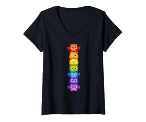 Women's Rainbow Owl Stack Cute Kawaii Owls Colorful Tower V-Neck T-Shirt