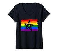 Womens Rainbow Pentagram Goth LGBTQ Flag Gay Pride Pentacle V-Neck T-Shirt