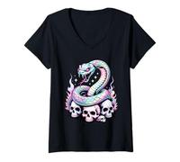 Womens Rainbow Serpent Coiled On Skulls V-Neck T-Shirt