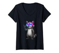Womens Rainbow Shades Raccoon Rock Hand Cartoon Spotlight Vibes Art V-Neck T-Shirt