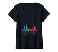 Women's Rainbow Sound Wave City Skyline Music Equalizer V-Neck T-Shirt