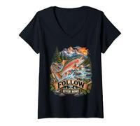 Women's Rainbow Trout Fishing Follow The River Home Mountain Angler V-Neck T-Shirt