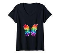 Women's Rainbow Watercolor Butterfly Autism Splash Art V-Neck T-Shirt